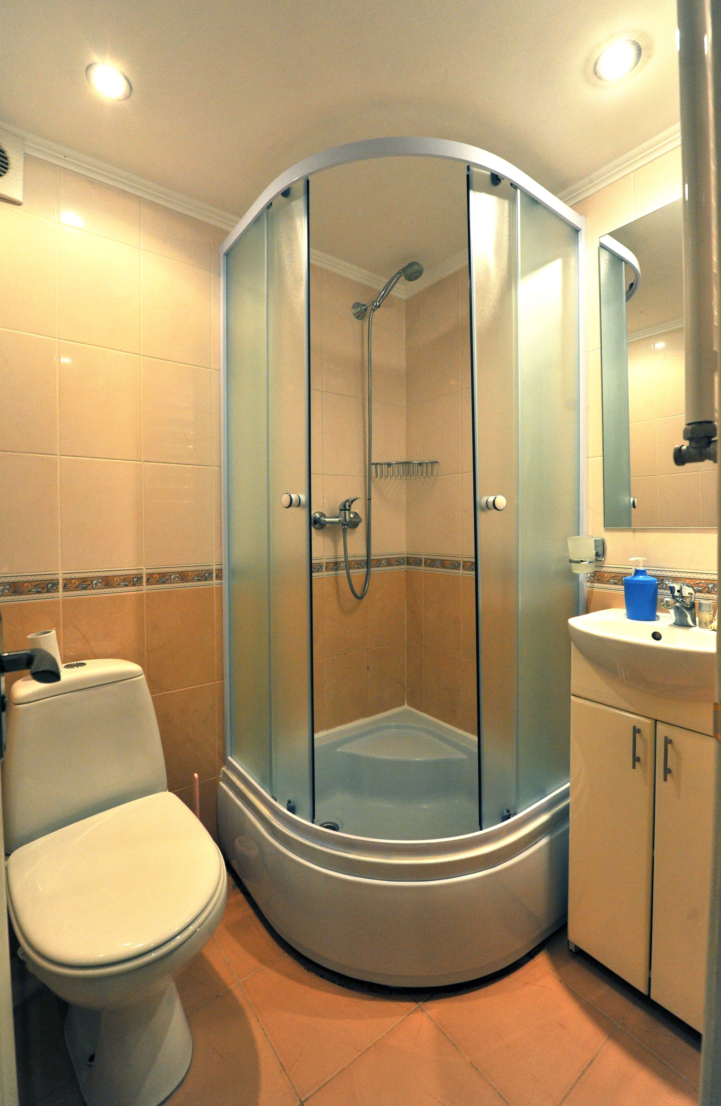 A bathroom with a glass-enclosed shower, a toilet, and a sink with a mirror above it.
