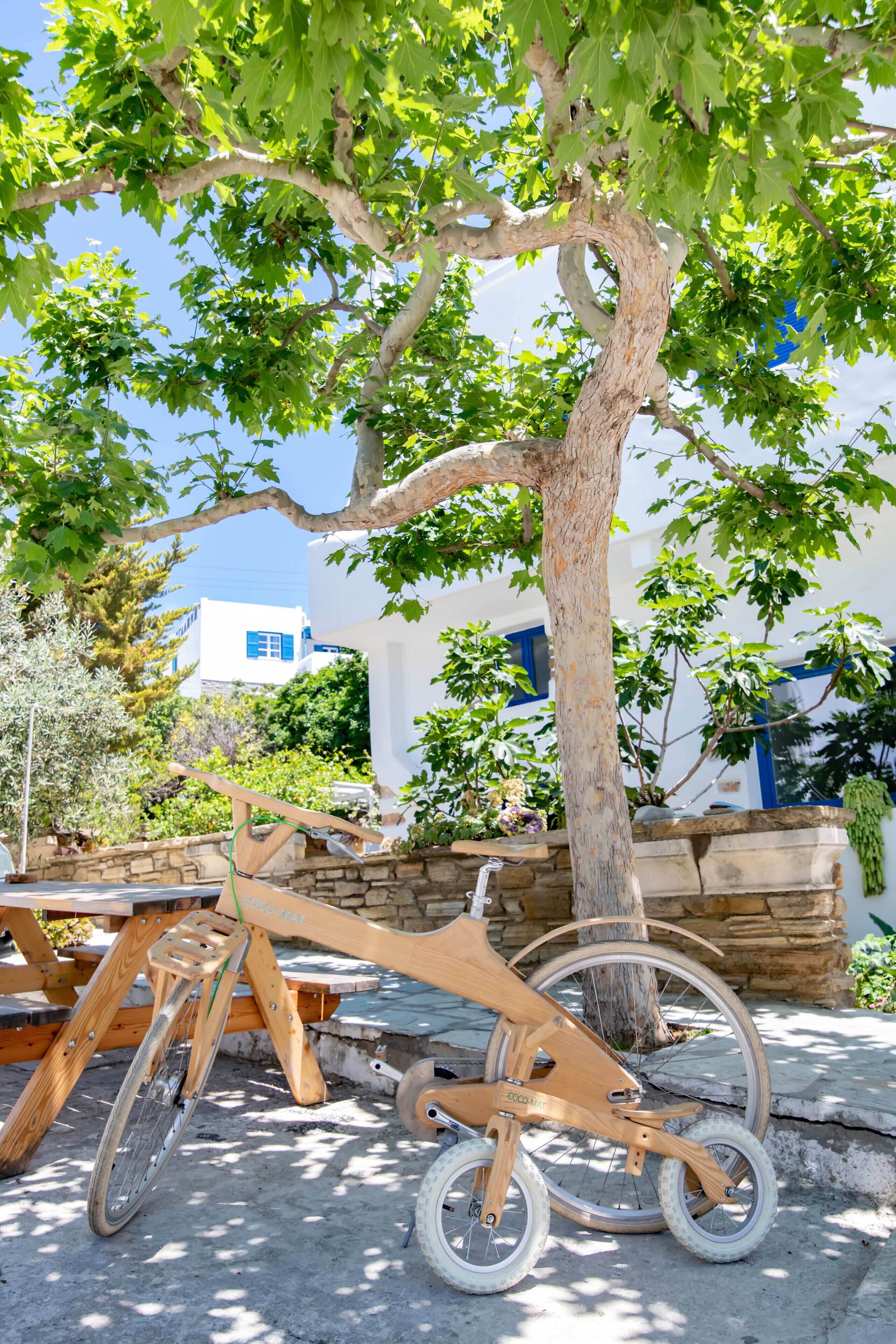 A wooden bicycle leaning against a tree in a courtyard with stone walls and a white building in the background.