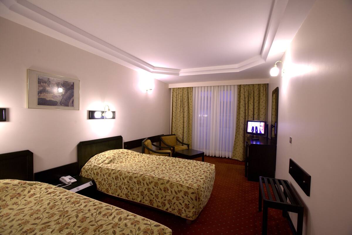 Habitación de hotel con dos camas, un escritorio, una silla, un televisor y una ventana con cortinas.