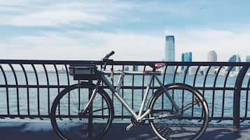 A bicycle parked by a waterfront with a city skyline in the background.