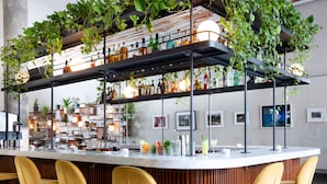 A bar area with a wooden bar counter, yellow chairs, shelves with bottles, and hanging plants. - Hotel Alameda Highline (New York)