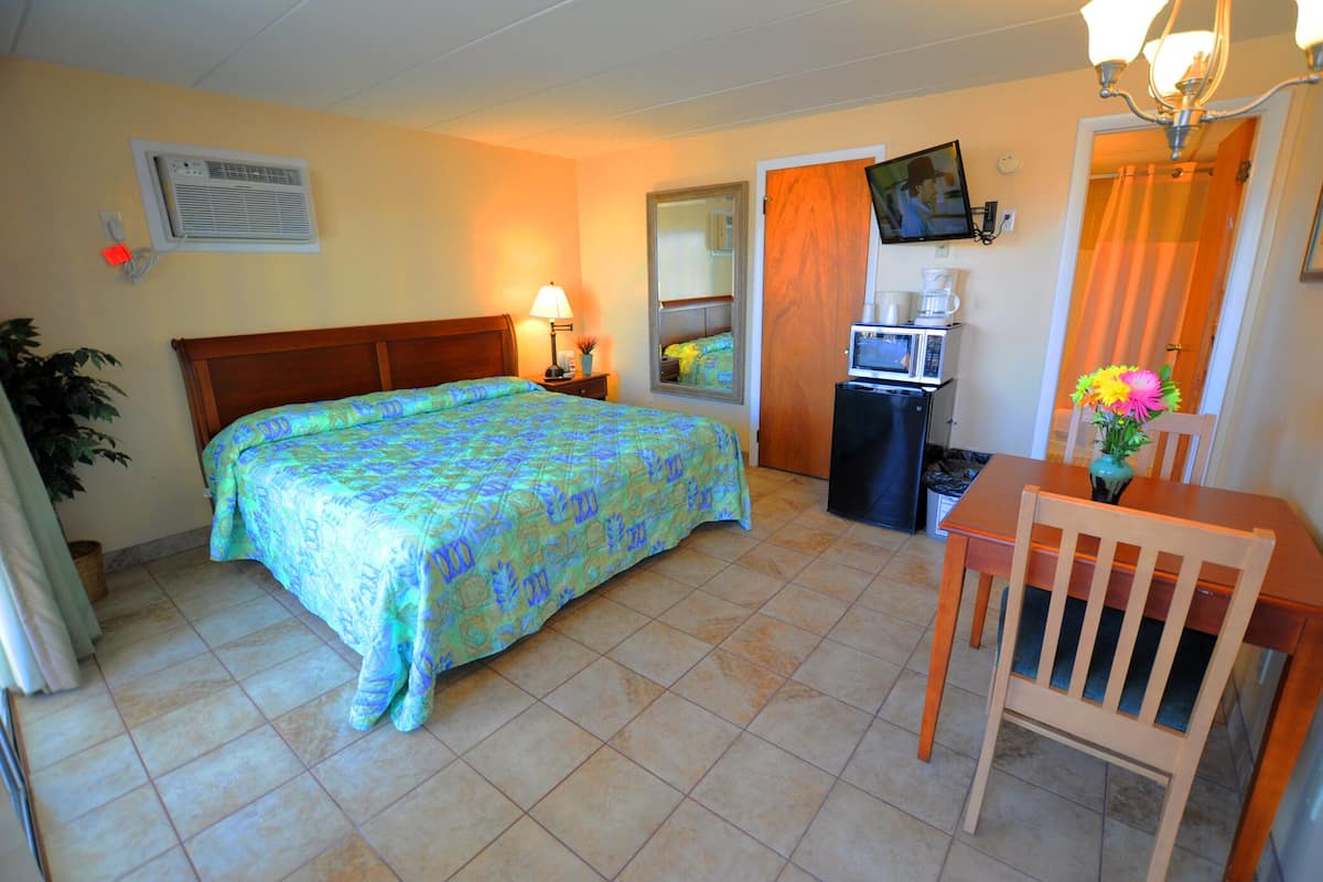Une chambre d’hôtel comprenant un lit, un bureau avec une chaise, une télévision, une machine à café et une plante.