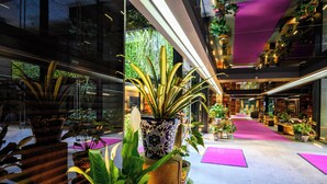 A modern indoor space with potted plants, wooden furniture, and a pink carpet.