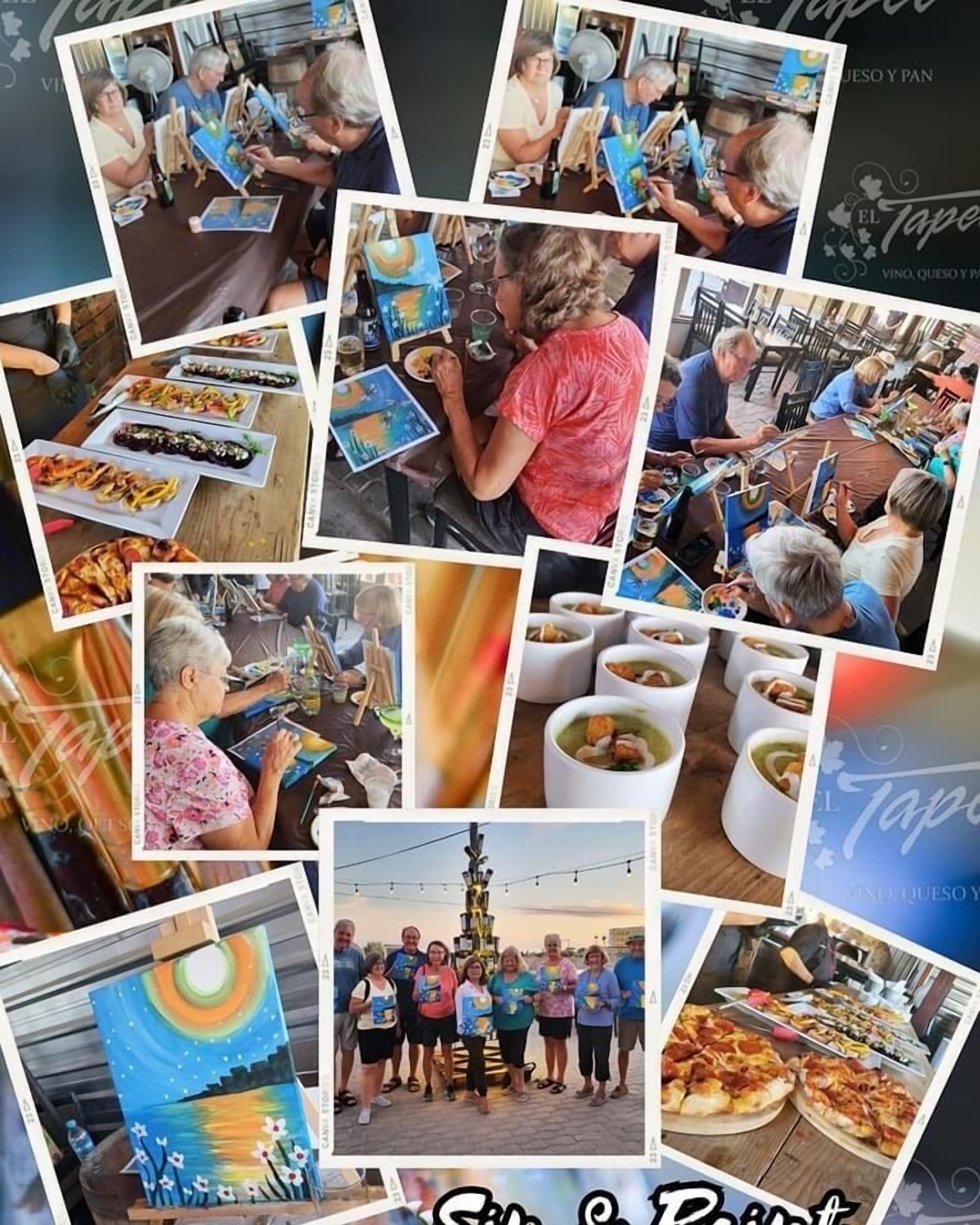Un collage de fotos que muestra a un grupo de personas dedicadas a la pintura, con diversas obras de arte y alimentos a la vista.