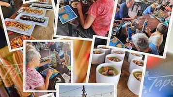 A collage of photos depicting a group of people engaged in painting activities, with various artworks and food items visible.