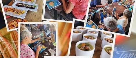 Un collage de fotos que muestra a un grupo de personas dedicadas a la pintura, con diversas obras de arte y alimentos a la vista.