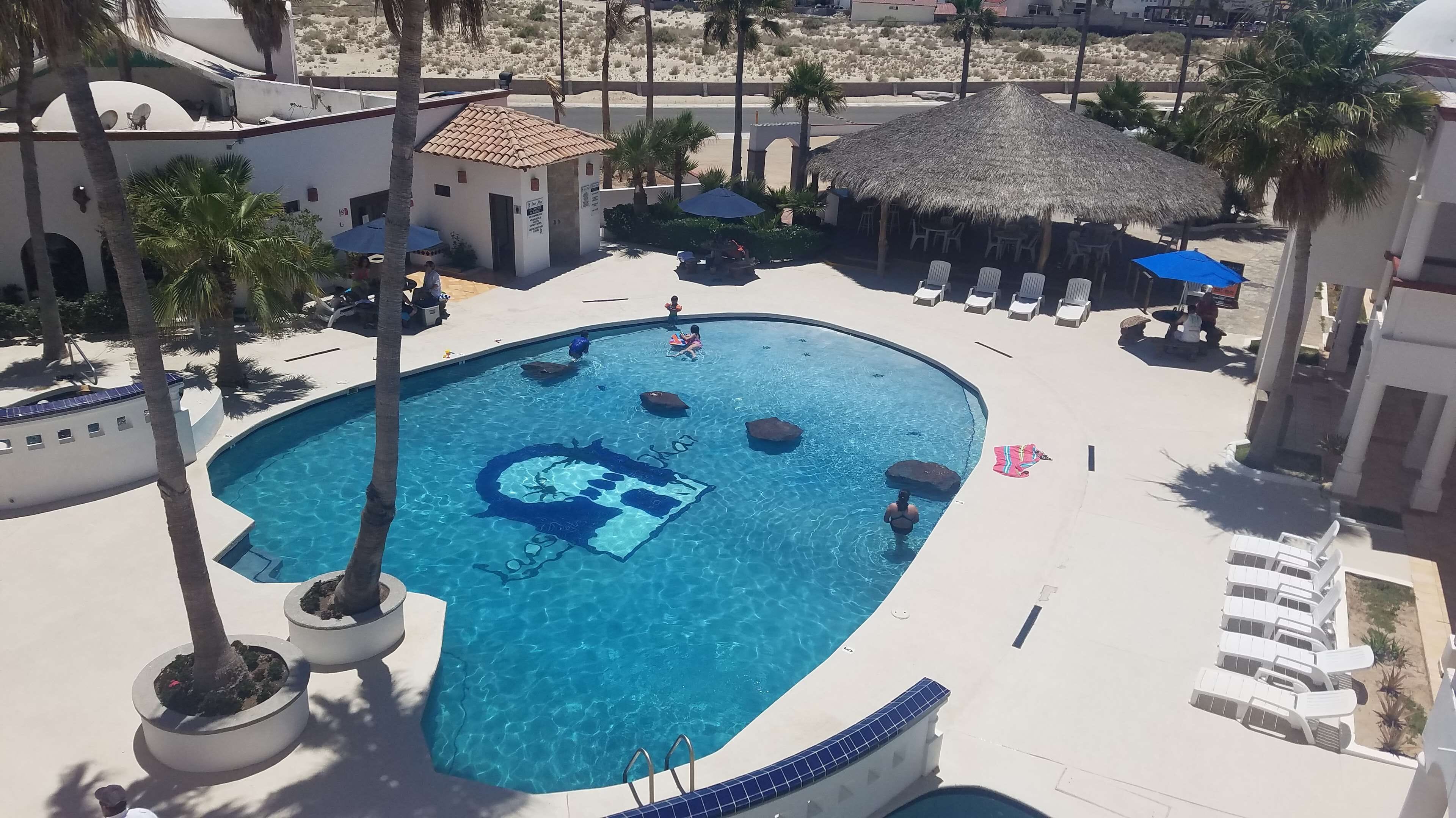 A swimming pool with lounge chairs and umbrellas, surrounded by palm trees and buildings.