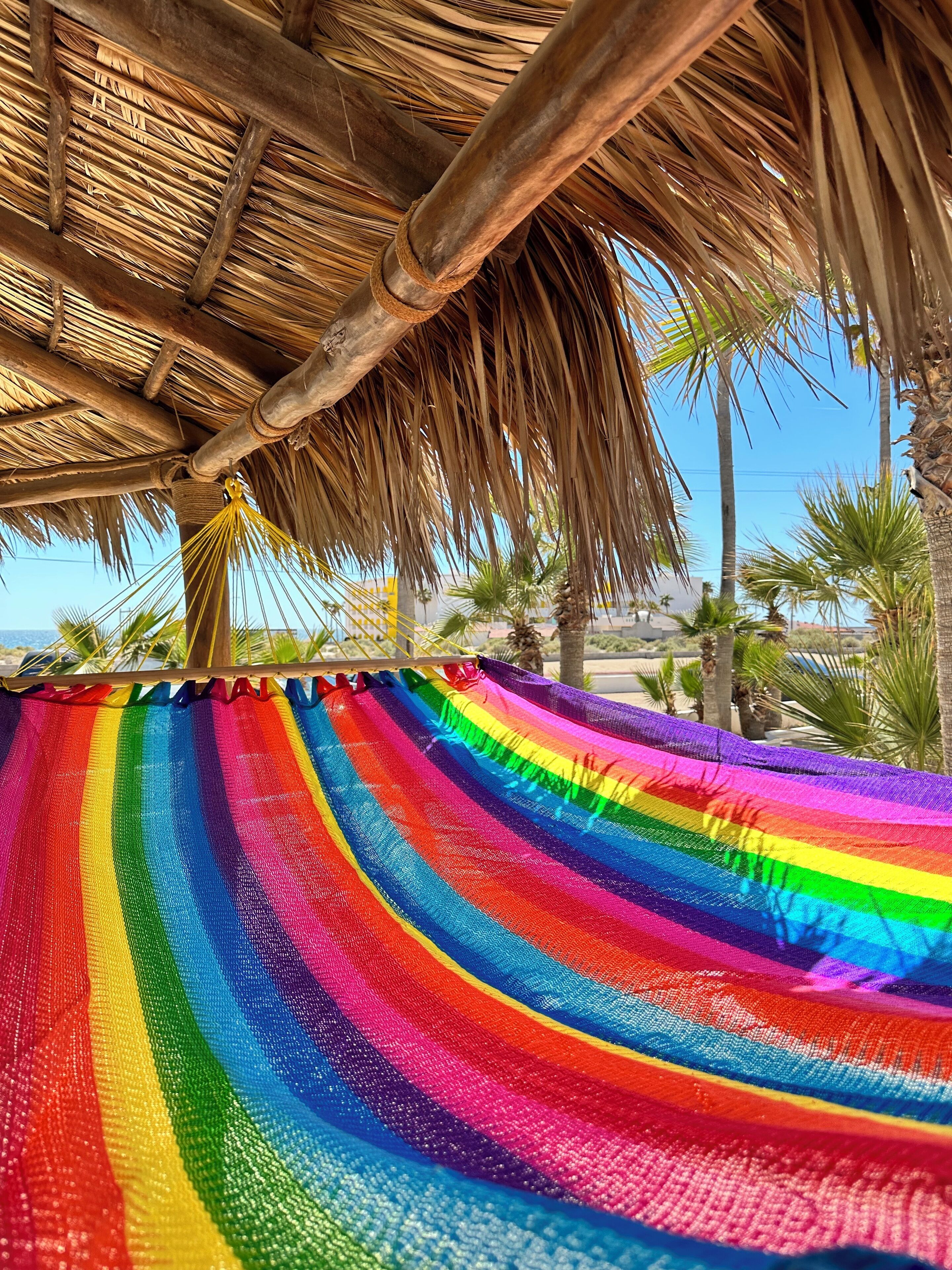 A hammock under a thatched roof, palm trees, and a clear sky.