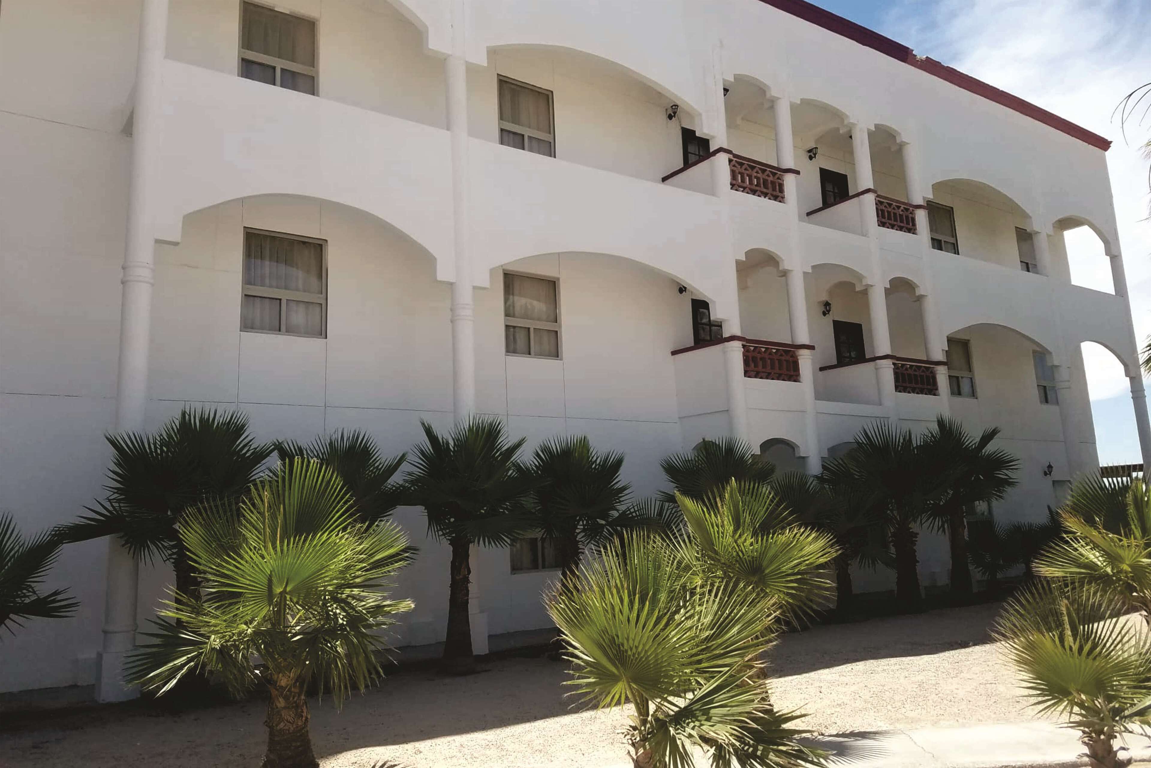 A multi-story building with a symmetrical facade, multiple balconies, and a series of palm trees in the foreground.