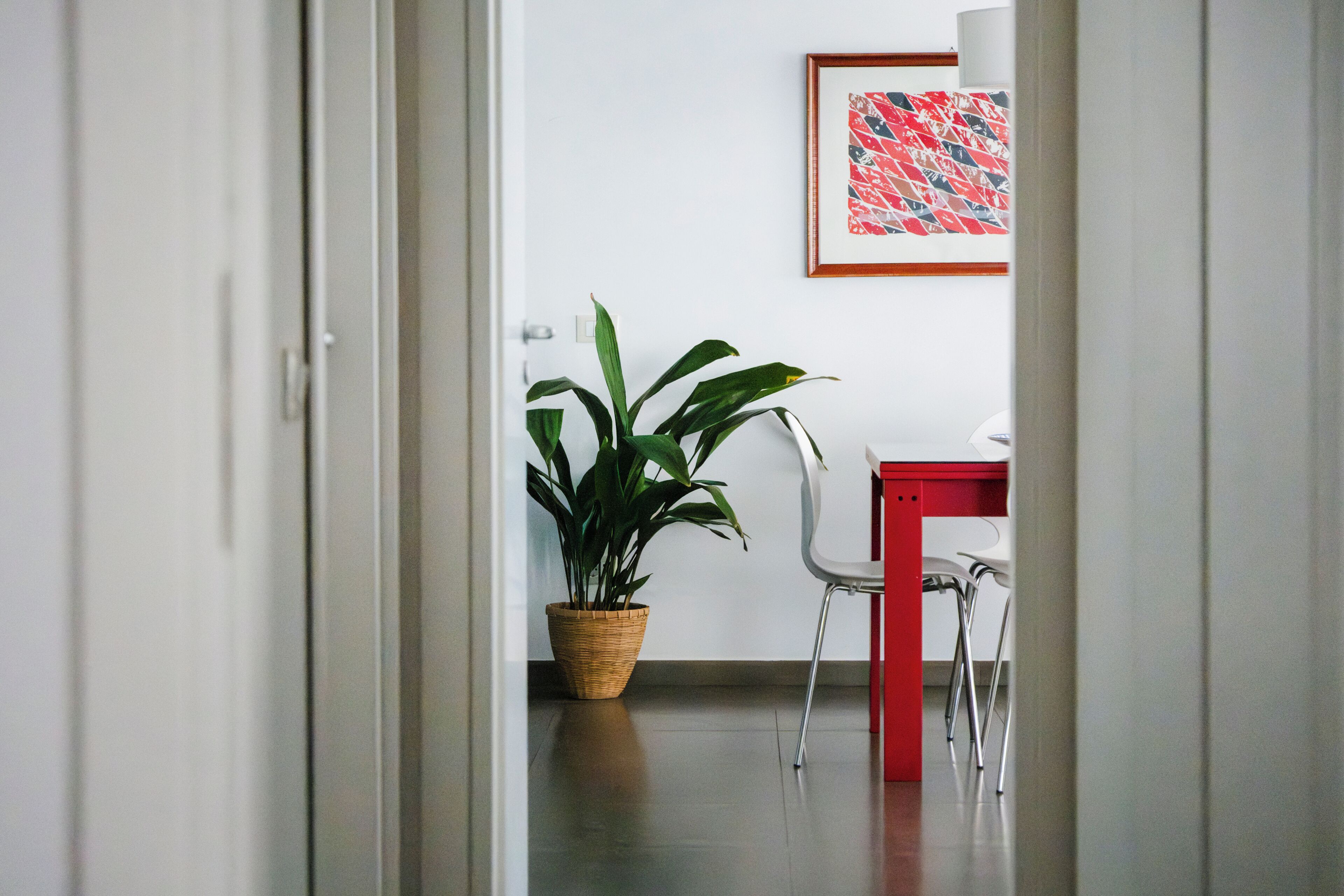 Ein Flur mit einem Blumentopf, einem roten Tisch und einem weißen Stuhl.