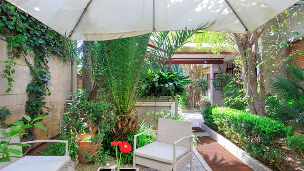 A covered patio area with a wicker chair, a small table with a photo, and various potted plants. - Marbela Apartments & Suites (Palermo)