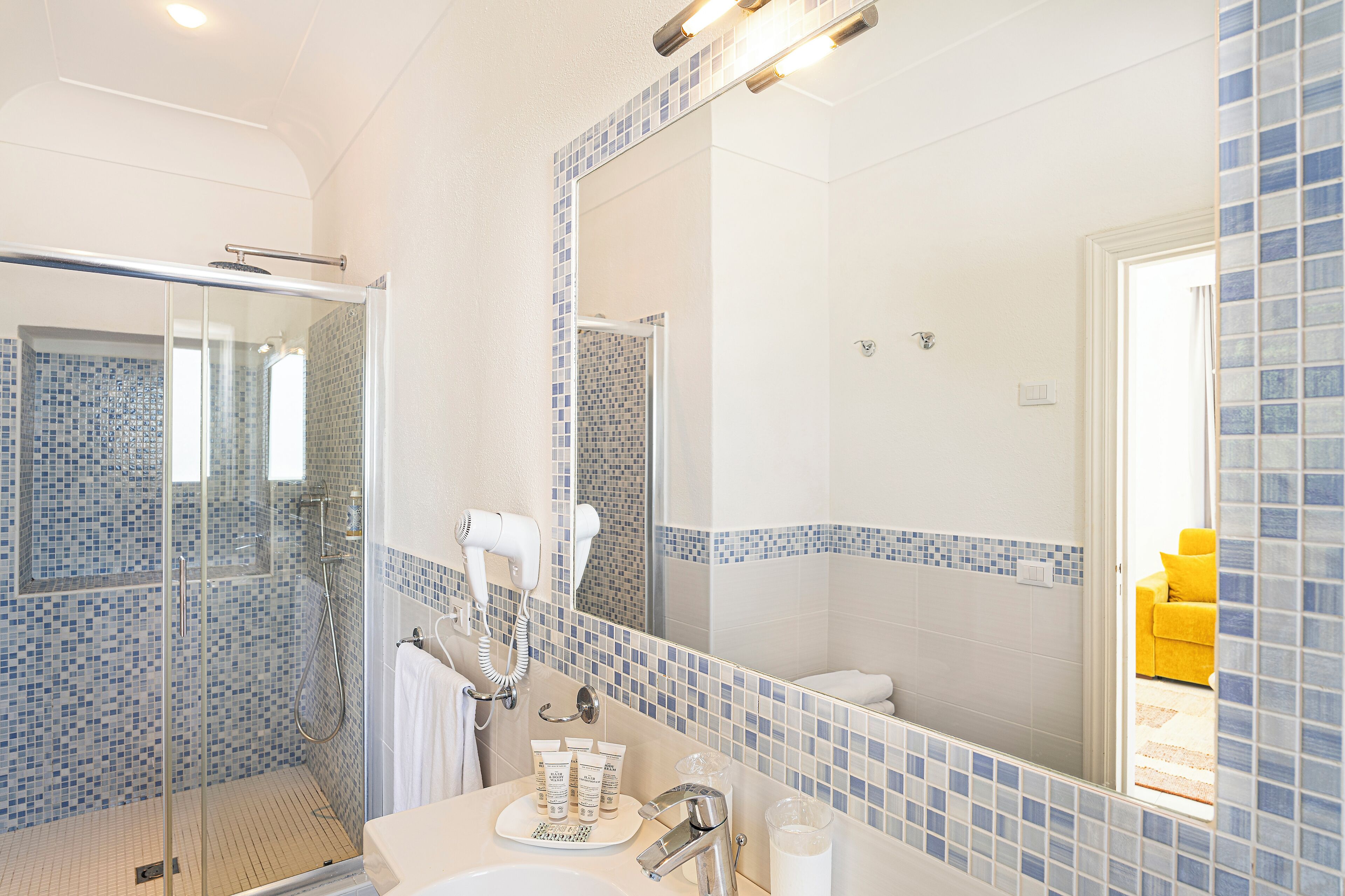 Une salle de bain avec une douche à parois de verre, un lavabo équipé de produits de toilette et un grand miroir.
