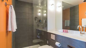 Shower, eco-friendly toiletries, hair dryer, towels