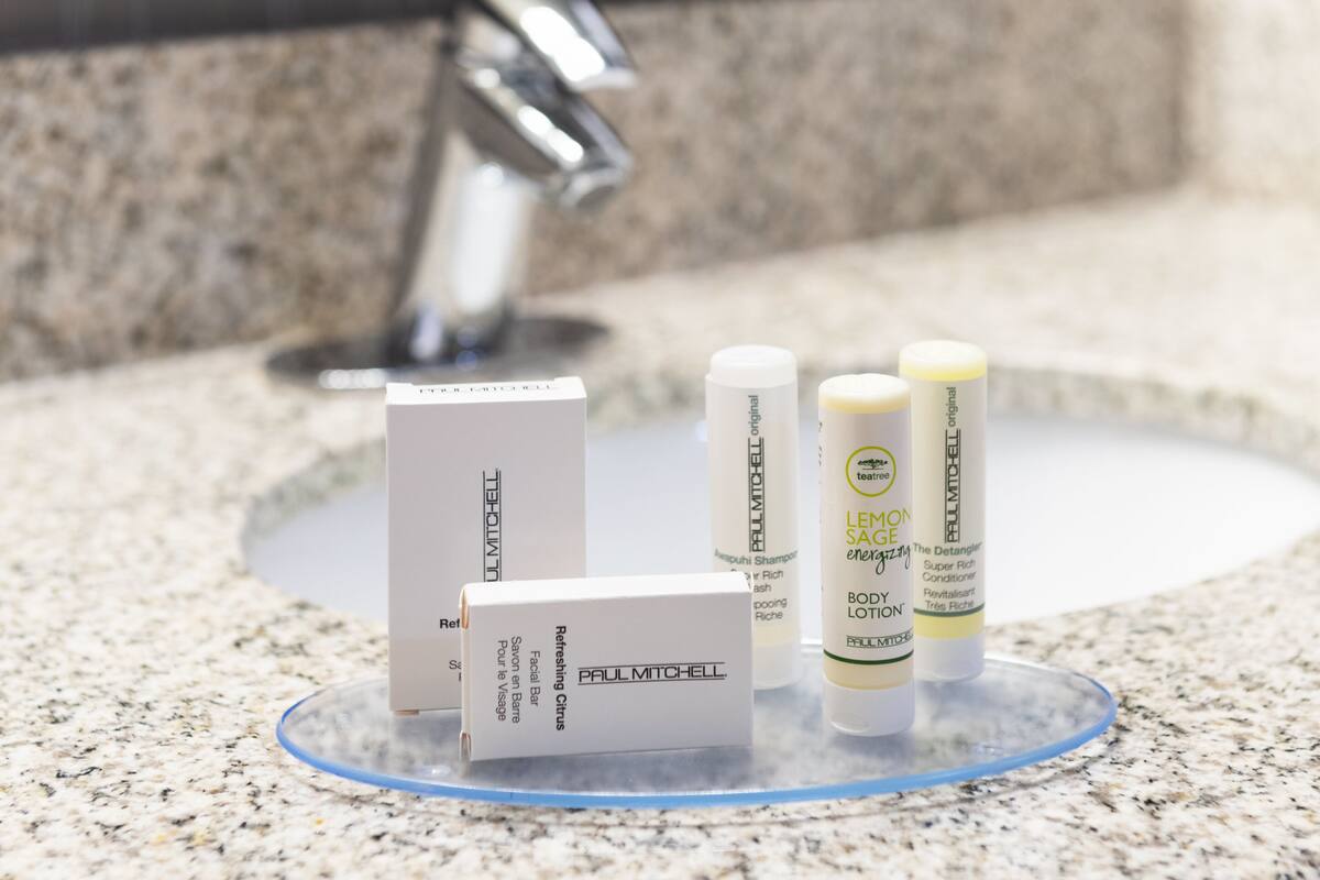 Un plan de vasque de salle de bain avec un revêtement en granit, un robinet et trois produits de soins pour la peau de la marque Paul Mitchell.