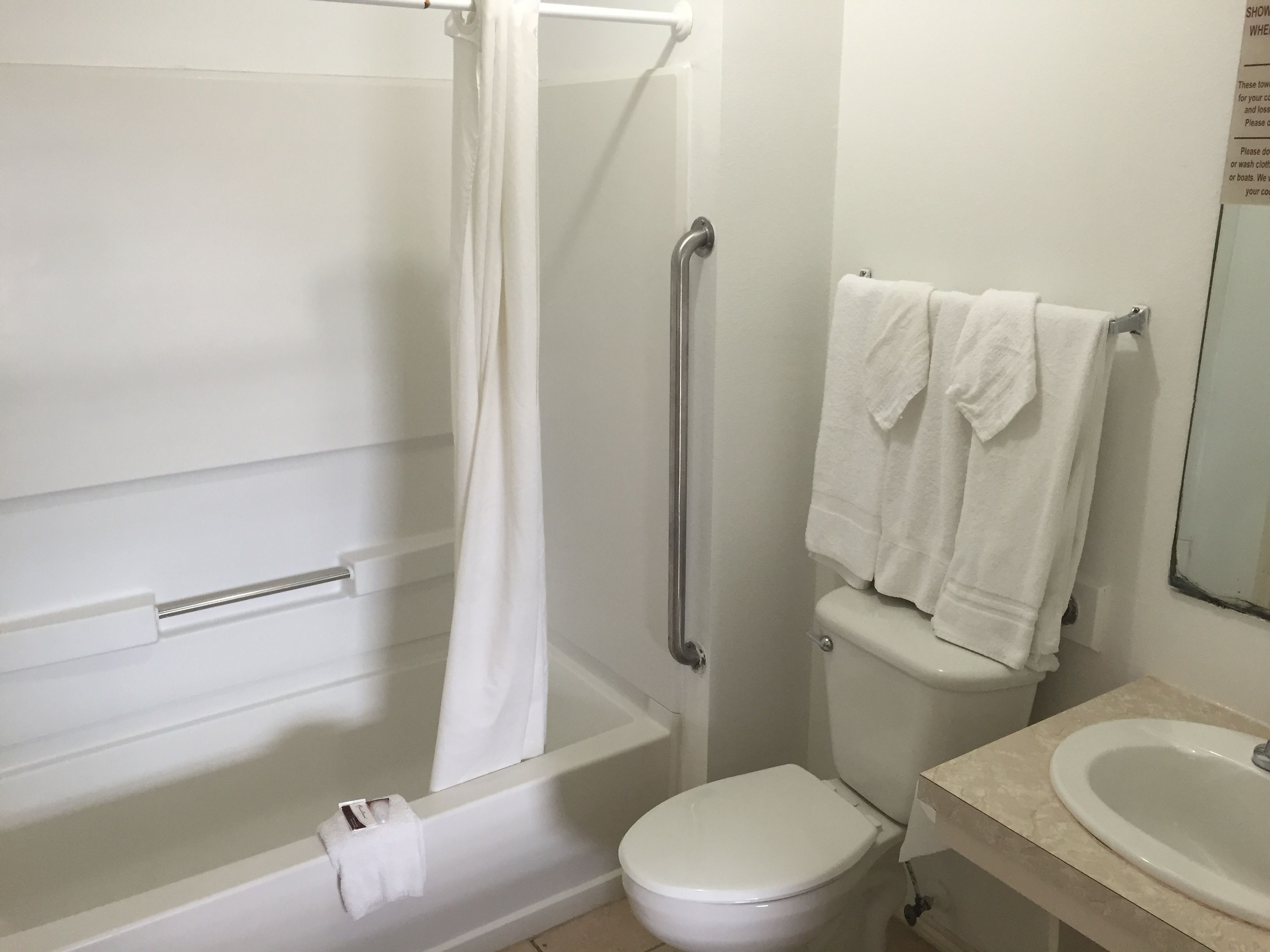 Une salle de bain avec douche, toilettes et lavabo.