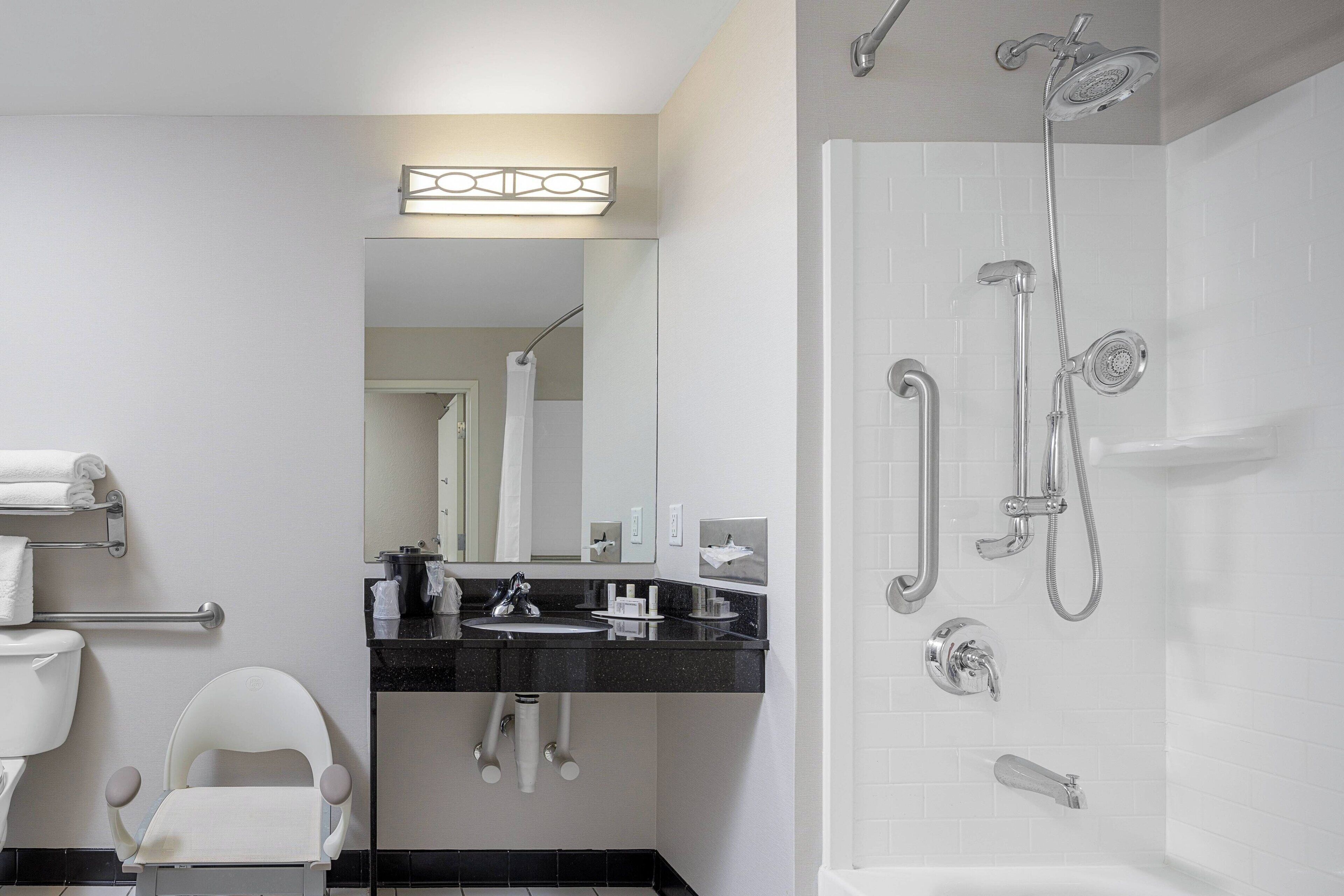 combined shower/bathtub, free toiletries, hair dryer, towels