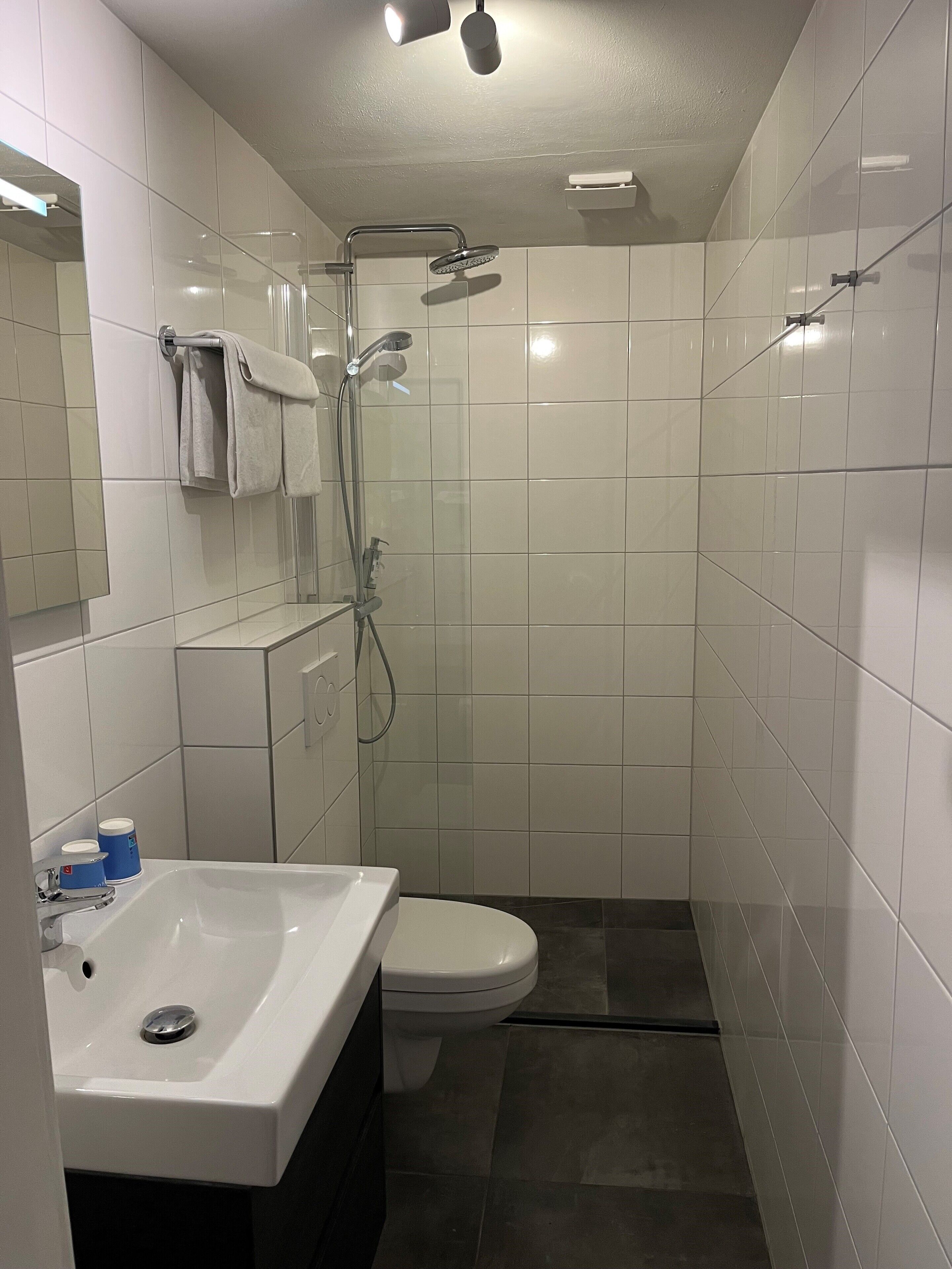 A small, modern bathroom with a white sink, toilet, and shower.