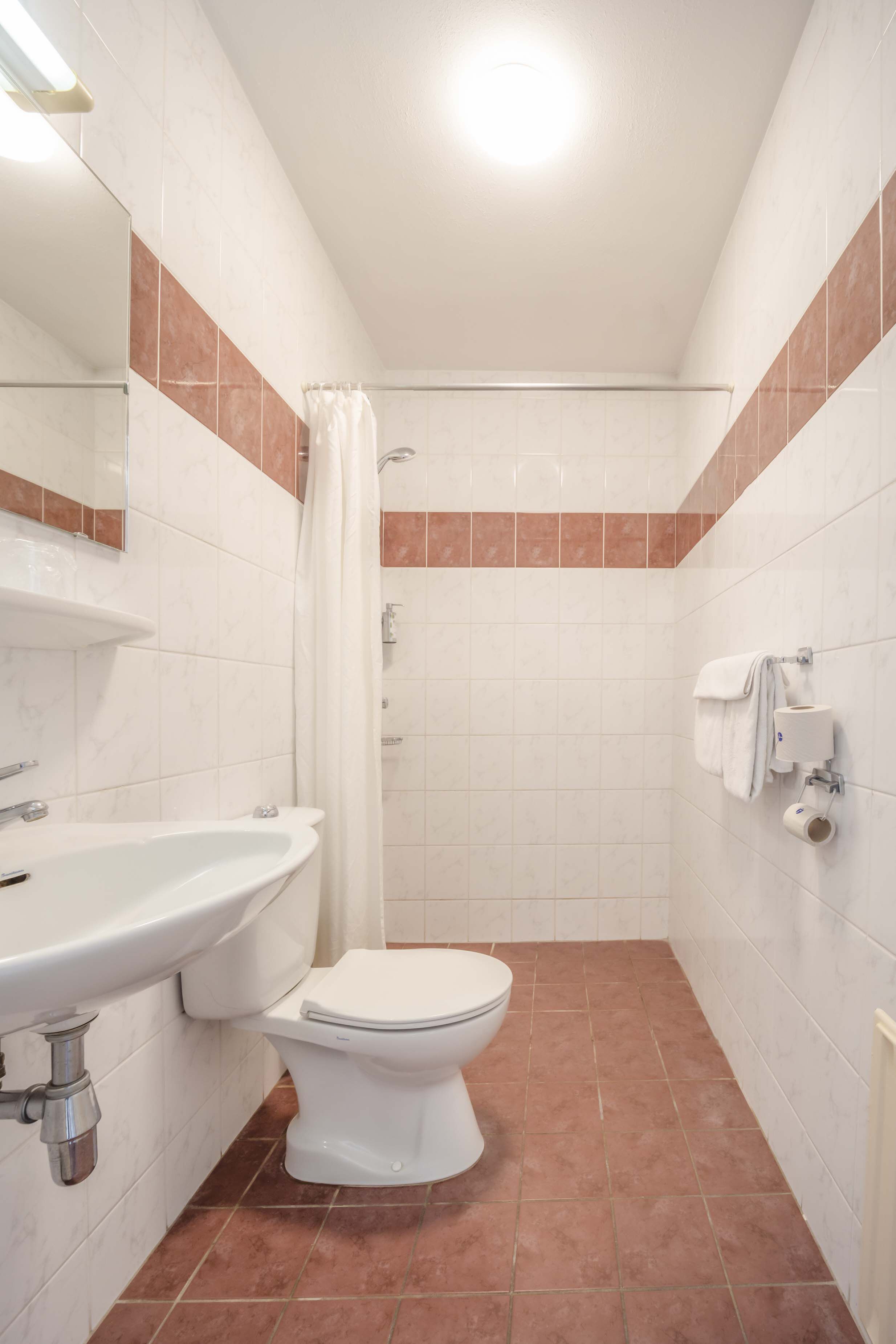 Un baño con lavamanos, inodoro, ducha y espejo.