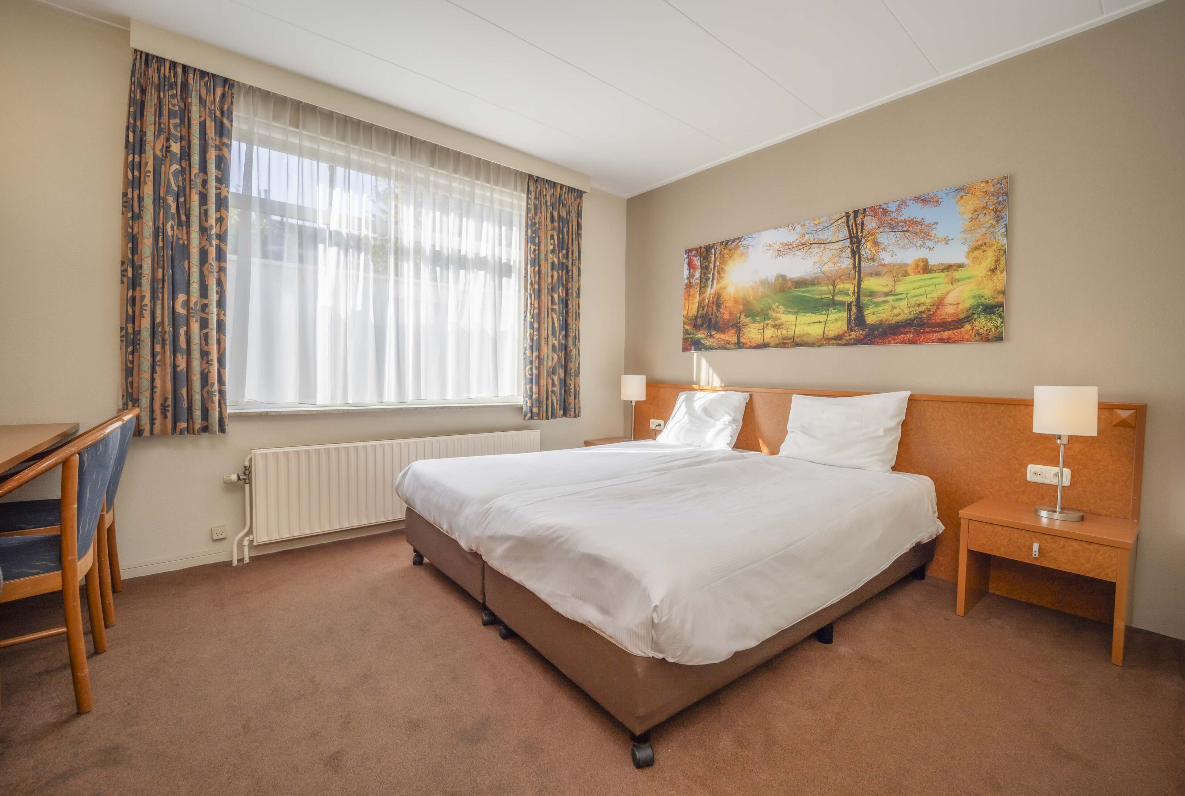 Habitación de hotel con una cama grande, un escritorio y una silla. Hay una ventana con cortinas, un radiador y un cuadro en la pared.