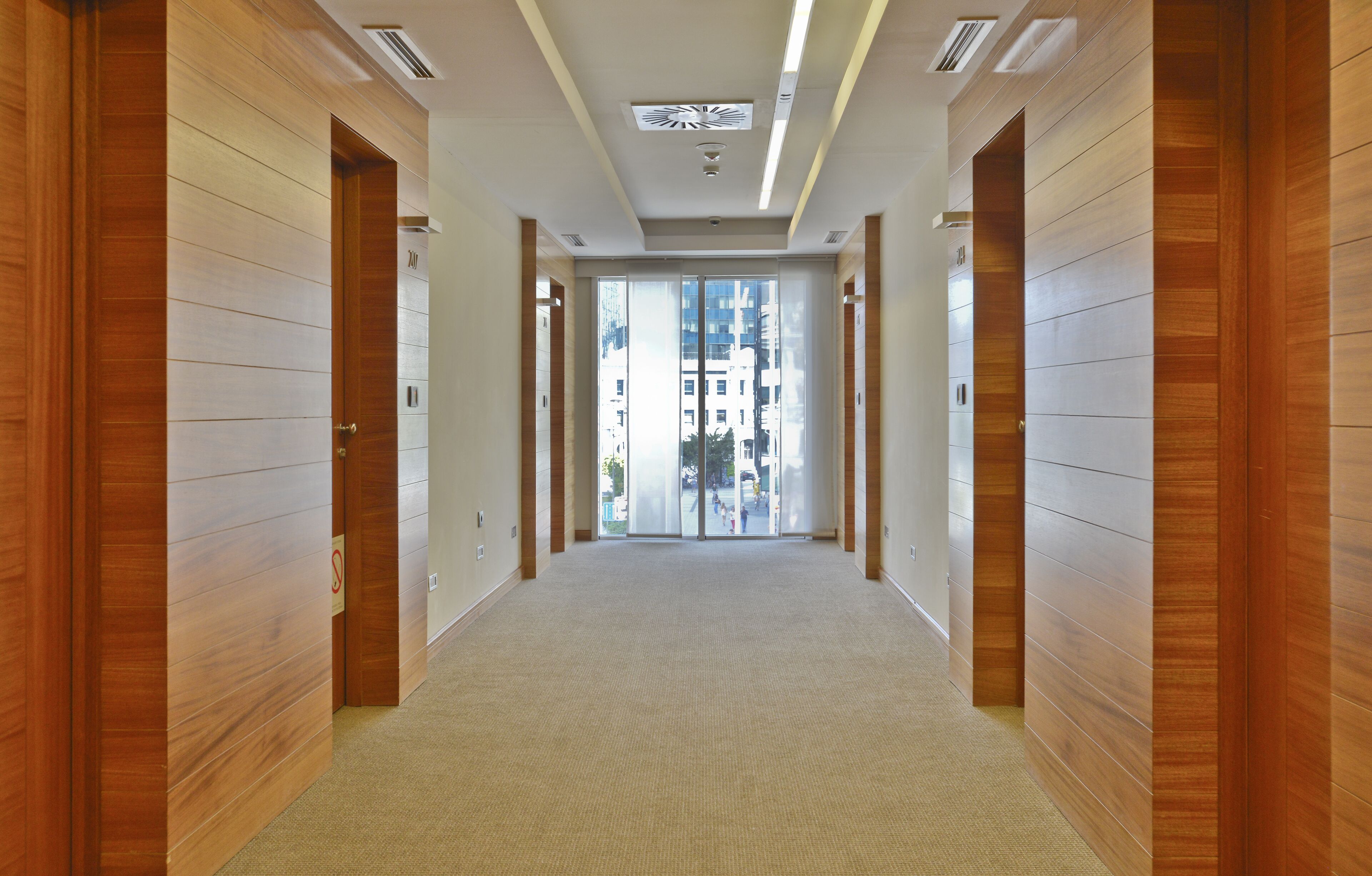 A hallway with wooden panel walls, a carpeted floor, and a glass door at the end leading outside.