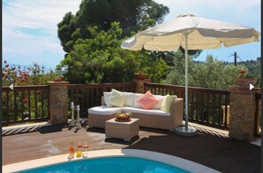Outdoor pool, pool umbrellas, pool loungers