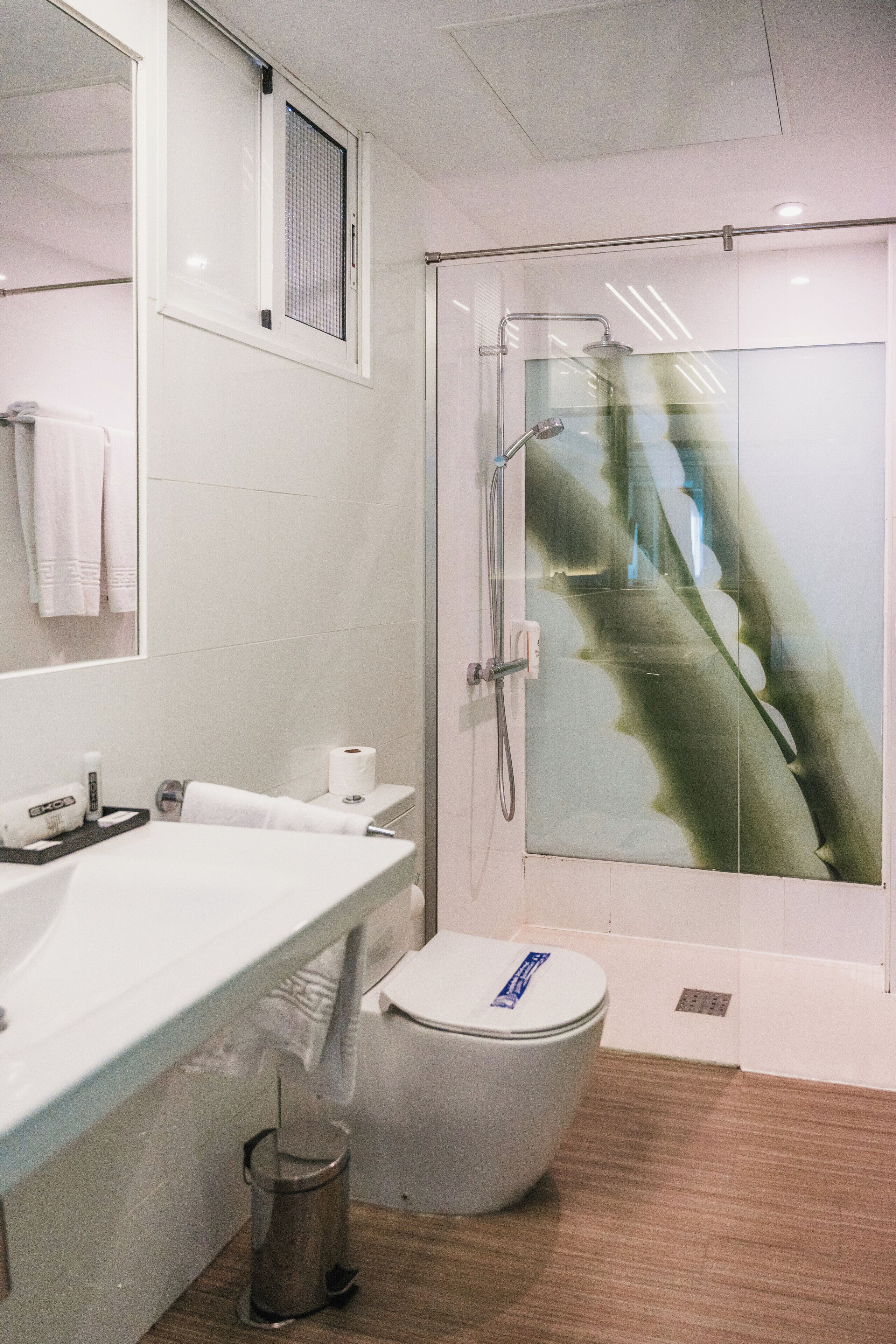 Un baño moderno con ducha envuelta en vidrio, un lavamanos blanco, un inodoro y un cubo de basura.