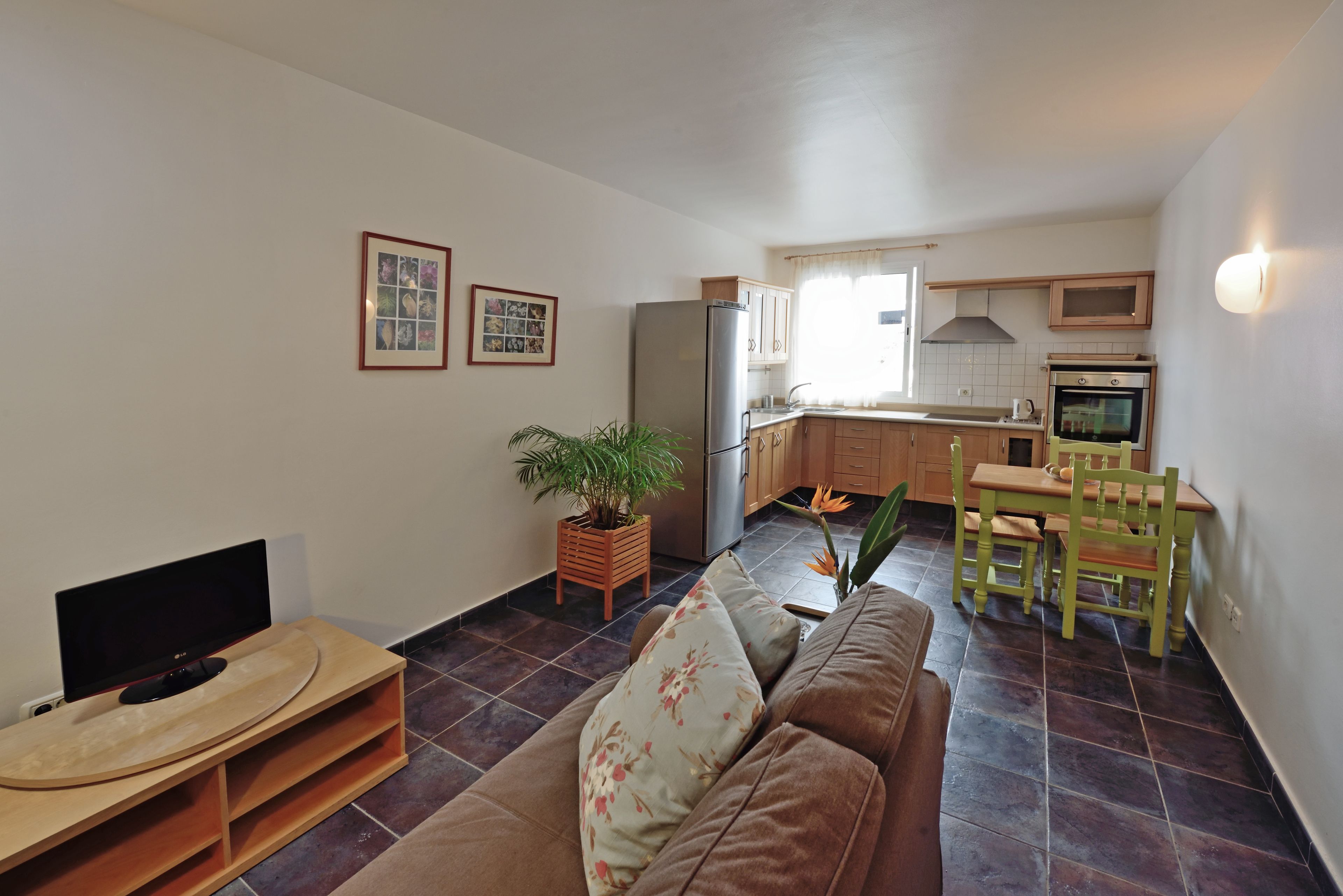 Sala de estar com sofá, televisão e uma pequena mesa de madeira com uma planta. Há uma cozinha com geladeira, forno e mesa de jantar com cadeiras.