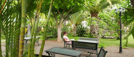 Un jardín con bancos y mesas, rodeado de abundante follaje y árboles.