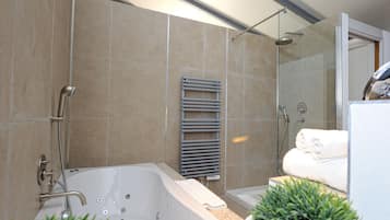 Une salle de bain moderne équipée d’une baignoire, d’une douche et d’un espace de douche séparé par des parois en verre.