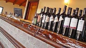 Una estantería para vinos con varias botellas en un bar.