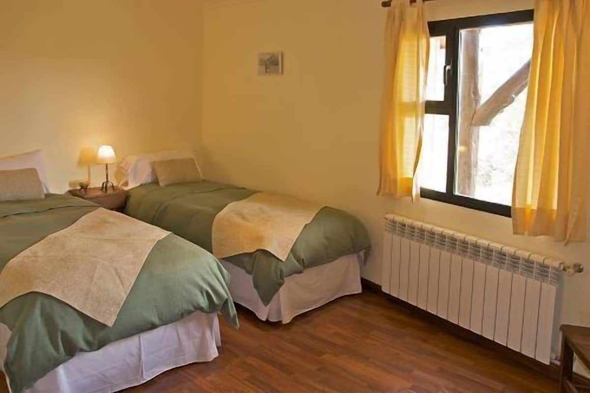 A room with two beds, a nightstand with a lamp, a window with curtains, and a radiator.