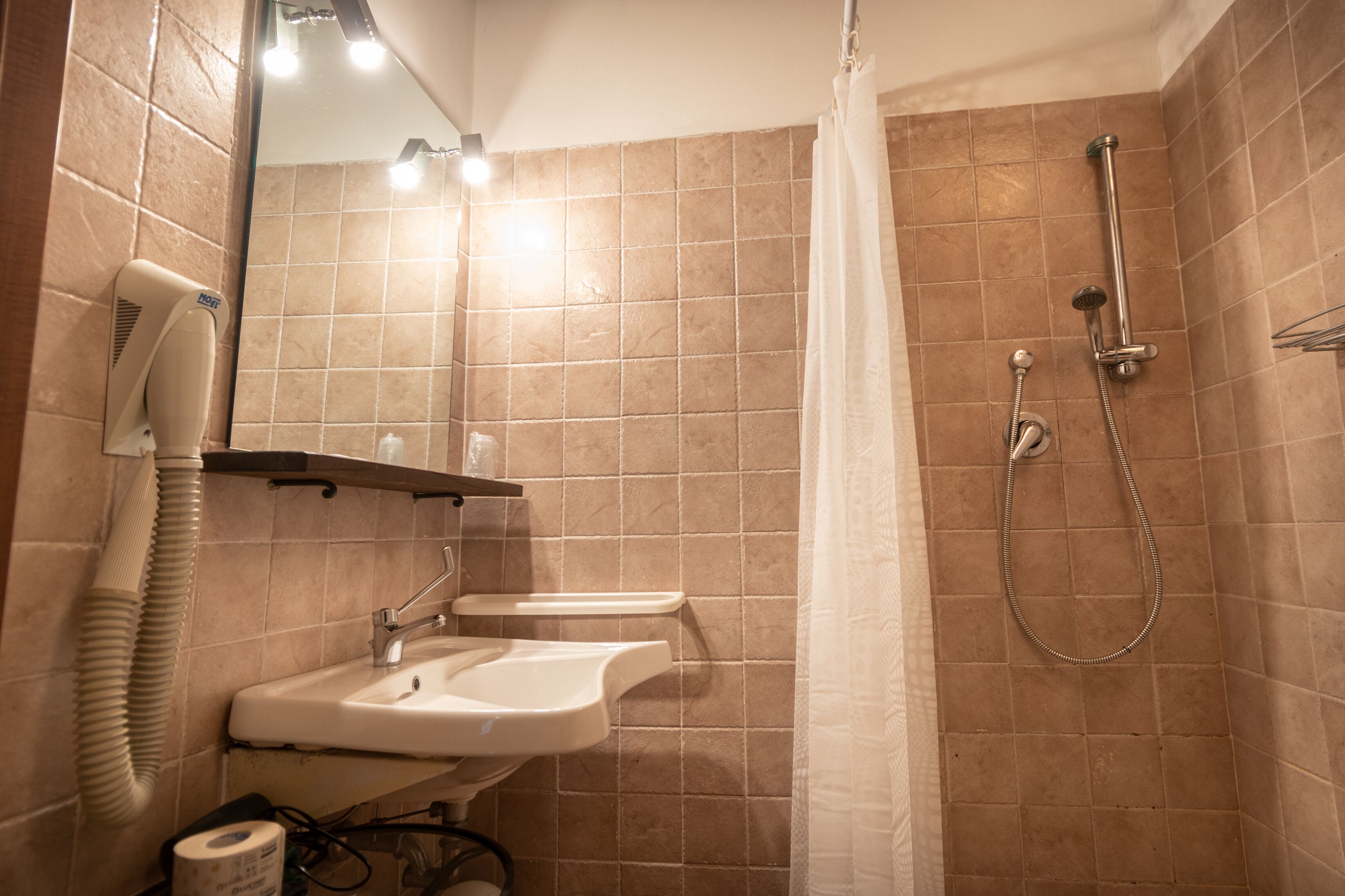A bathroom with two sinks, a hairdryer, a shower with a handheld showerhead, and a towel rack.