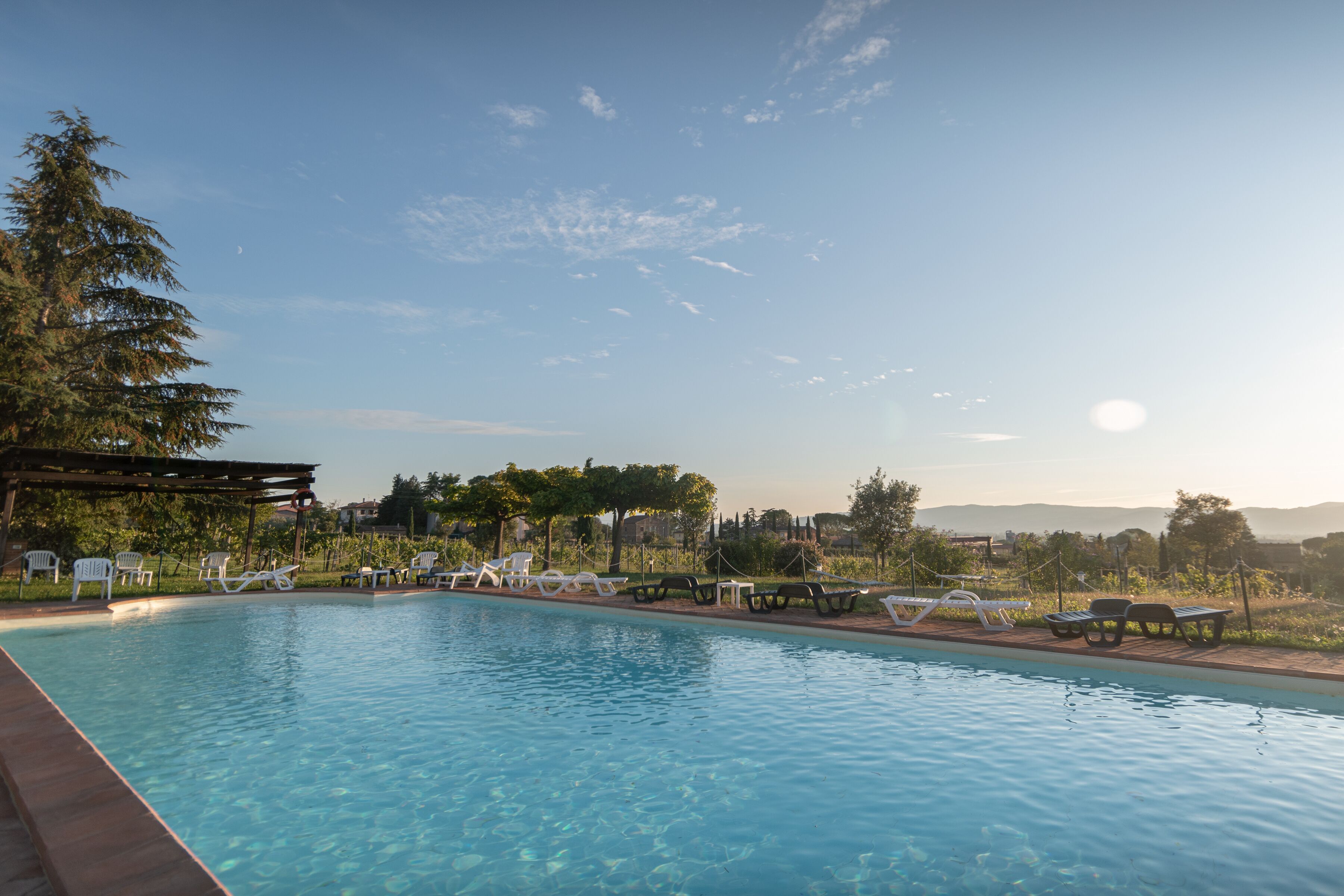 Seasonal outdoor pool, open 8 AM to 9 PM, pool umbrellas, pool loungers