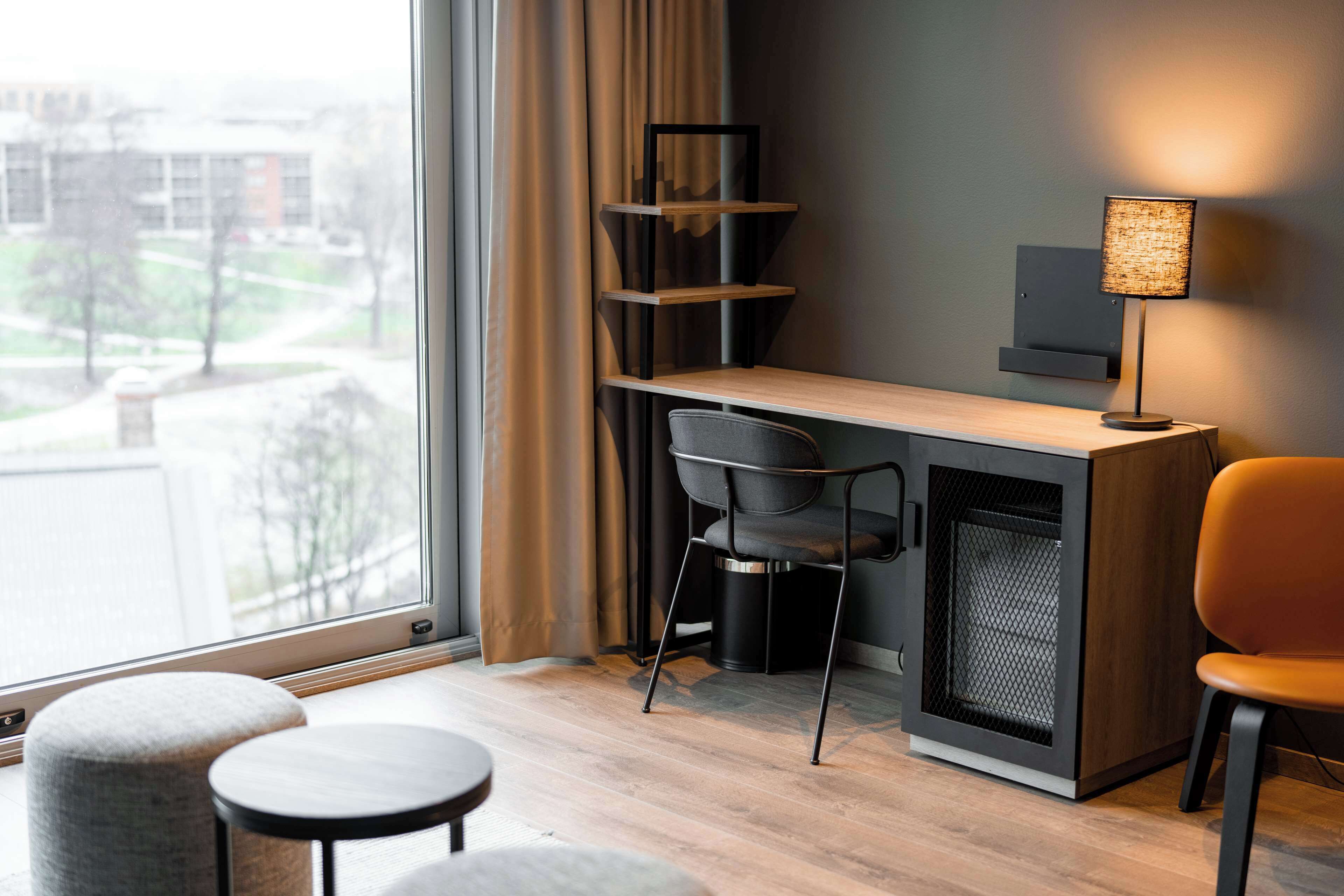 desk, blackout curtains, soundproofing, iron/ironing board