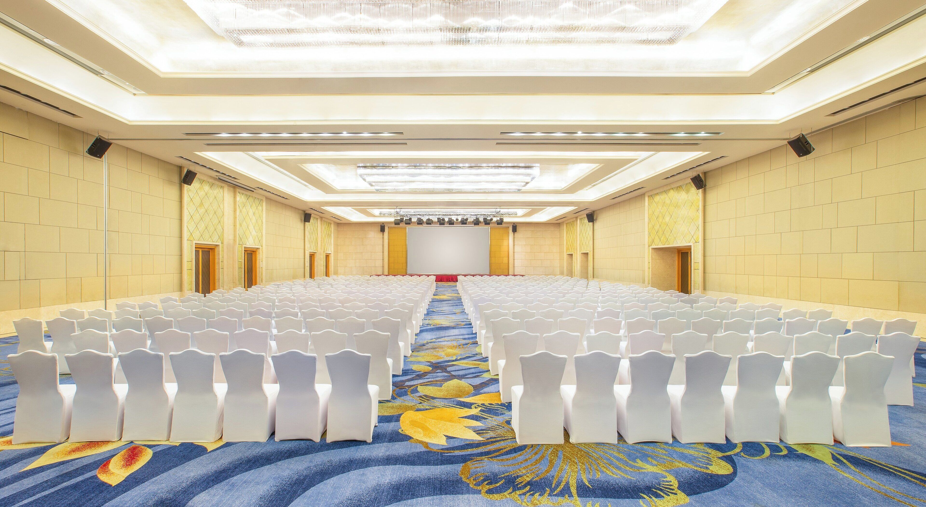 A conference room with rows of white chairs, a carpet with a floral pattern, and a large screen at the front.