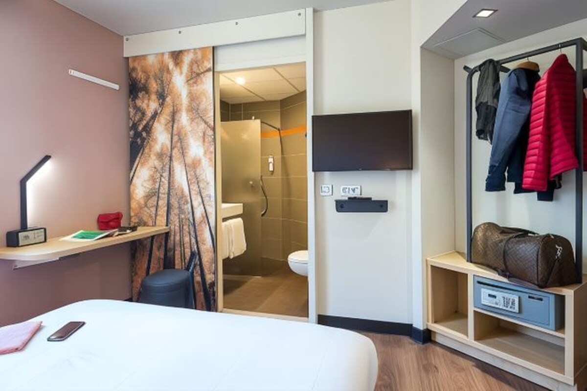 Habitación de hotel con cama, escritorio con lámpara, televisor, zona de ducha y perchero.