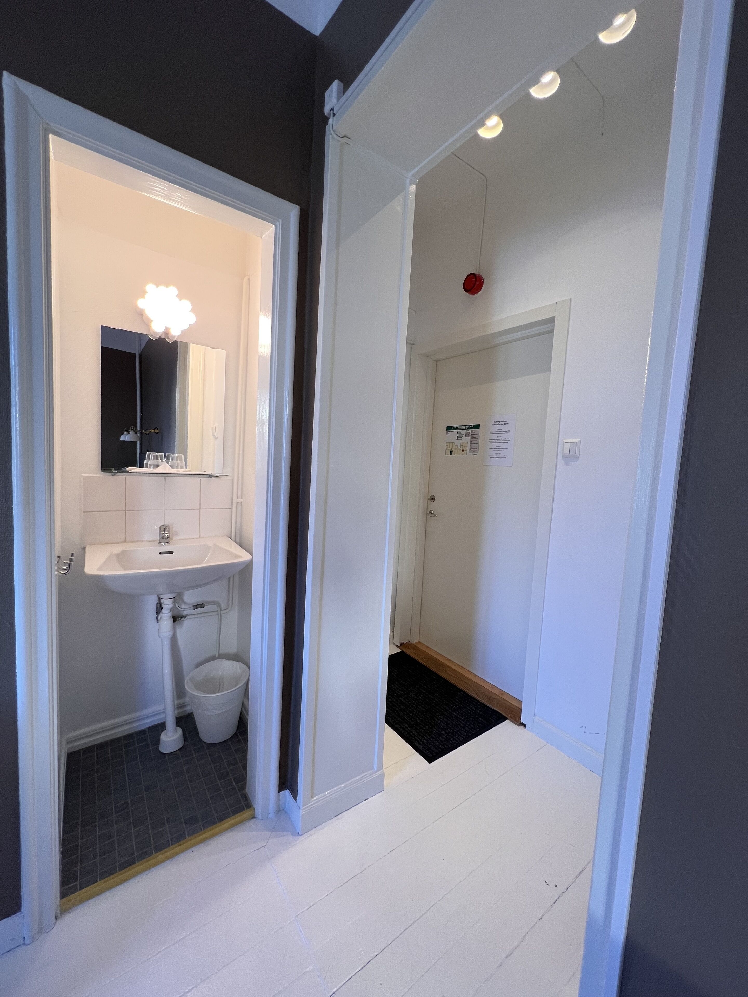 A bathroom with a white sink, mirror, and a trash bin.