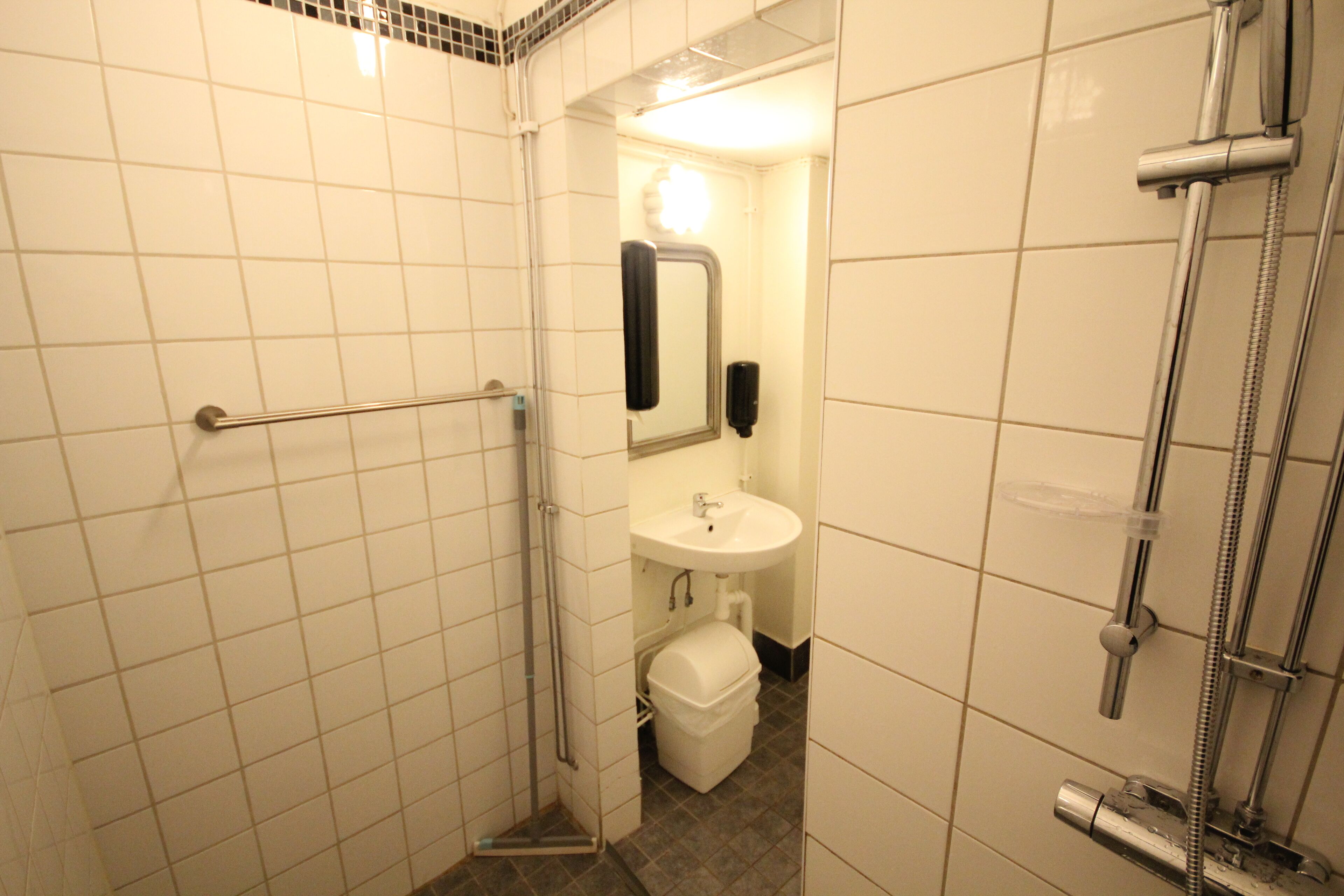 Een badkamer met een douche, wastafel en toilet.