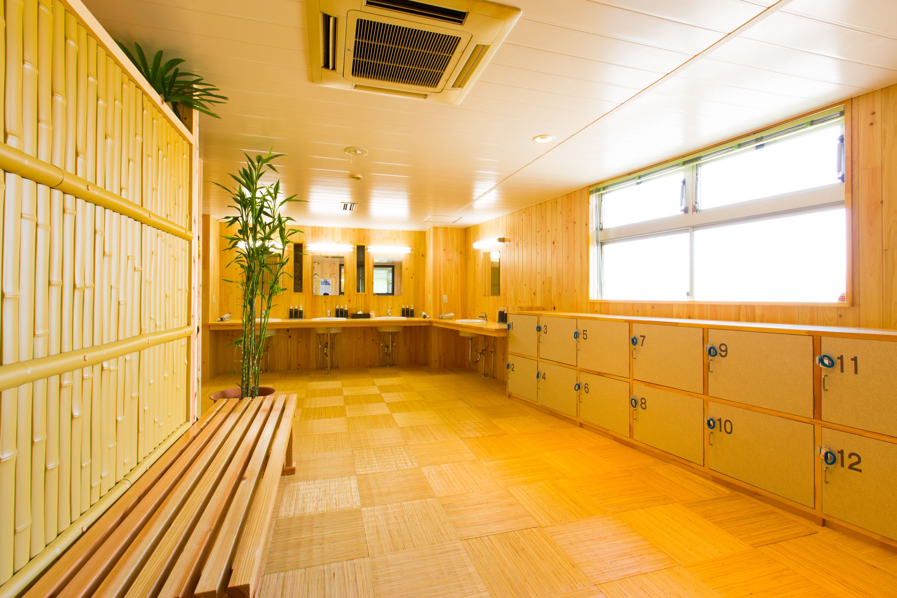 Un baño de hotel con taquillas de madera, un banco y una planta en maceta.