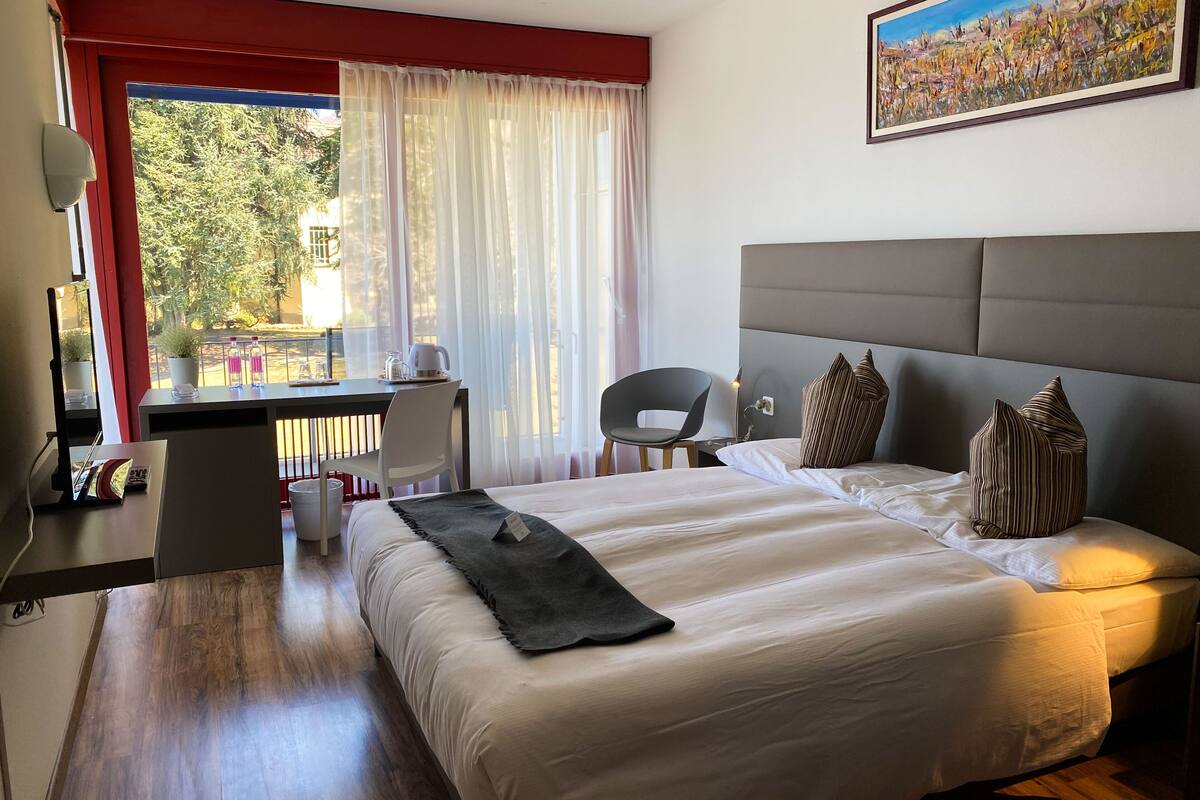 panoramic double room, lake view | 1 bedroom, hypo-allergenic bedding, down duvets, in-room safe