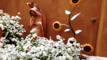 A statue of a praying figure with a sunflower and a branch with snow-covered leaves against a textured wall.