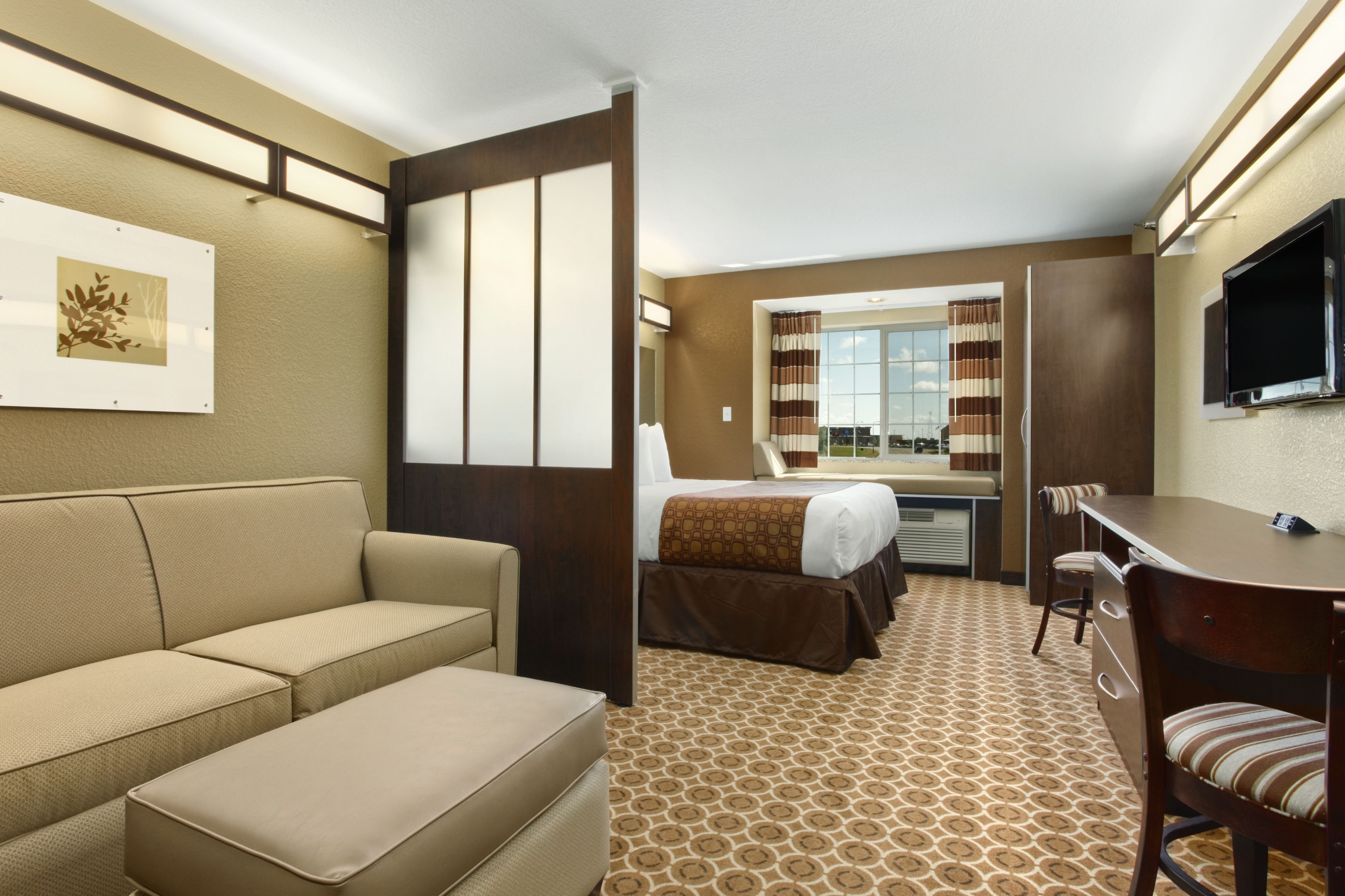 desk, laptop workspace, blackout curtains, iron/ironing board