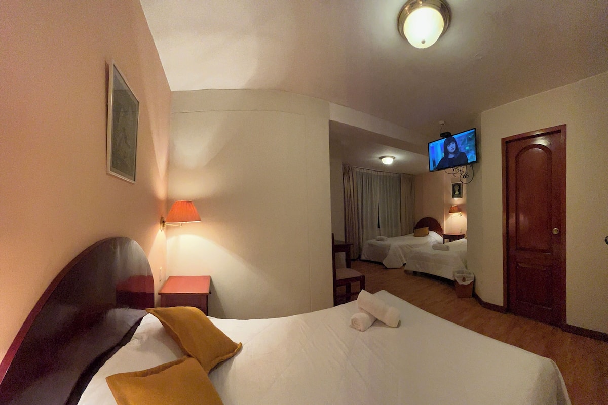 A hotel room with a bed, a TV, a desk, and a chair.