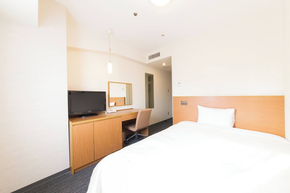 A hotel room with a bed, a desk with a television, a chair, and a mirror.