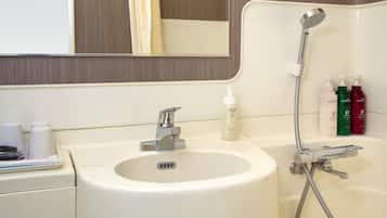 Combined shower/tub, deep soaking tub, free toiletries, hair dryer
