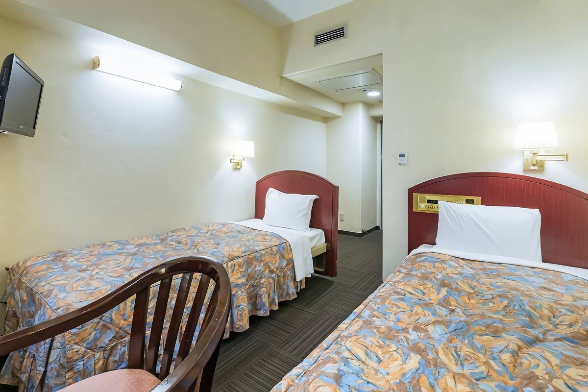 Habitación de hotel con dos camas individuales, televisión y una silla.
