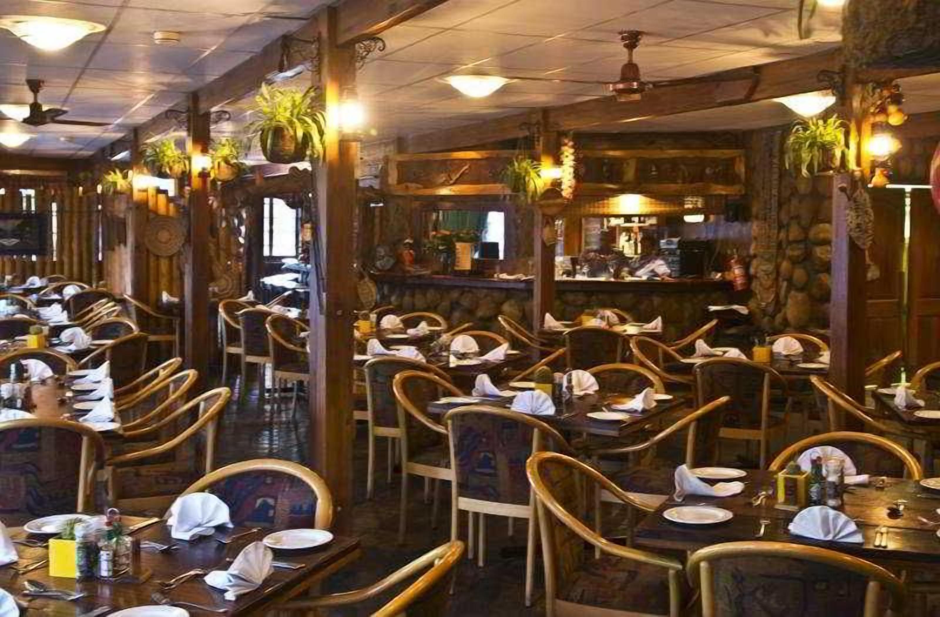 Interior de un restaurante con mesas y sillas de madera, una zona de bar y plantas decorativas.