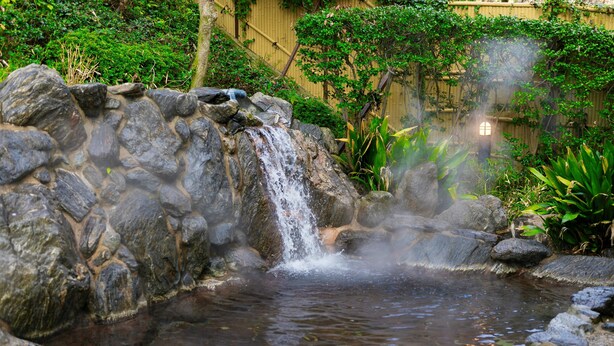 A stone waterfall in a garden with a wooden fence and greenery in the background. - Mercure Fukuoka Munakata Resort & Spa (Munakata)