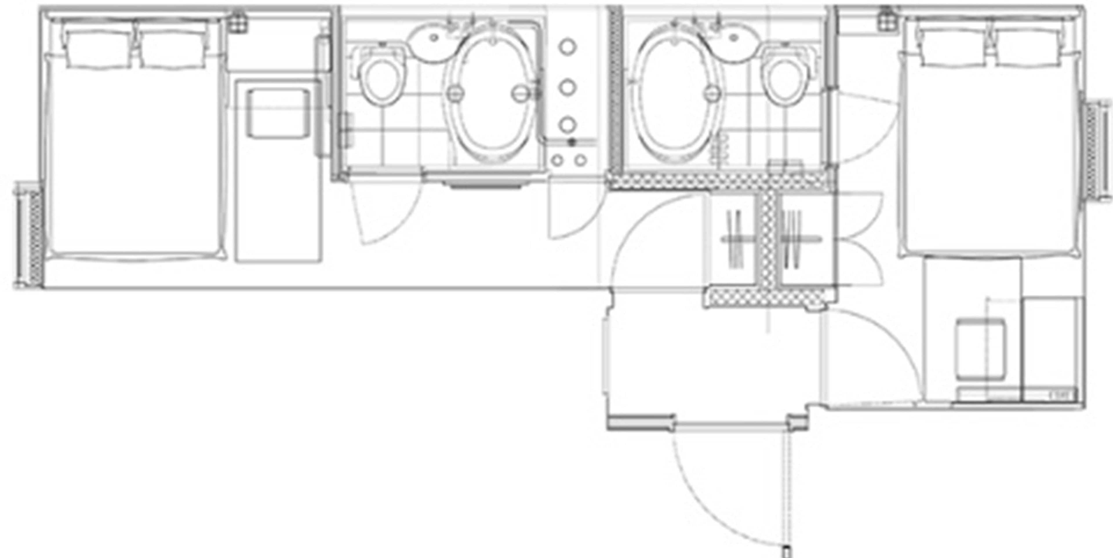 A floor plan with two bedrooms, a bathroom, and a kitchen.