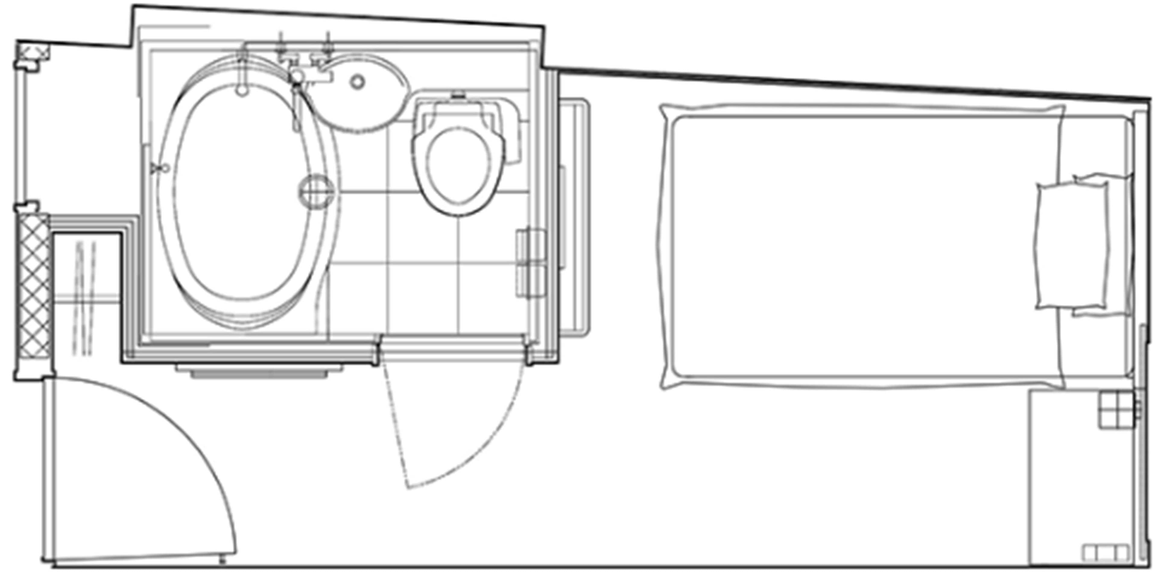 A floor plan with a bathroom, a kitchen, and a living area.